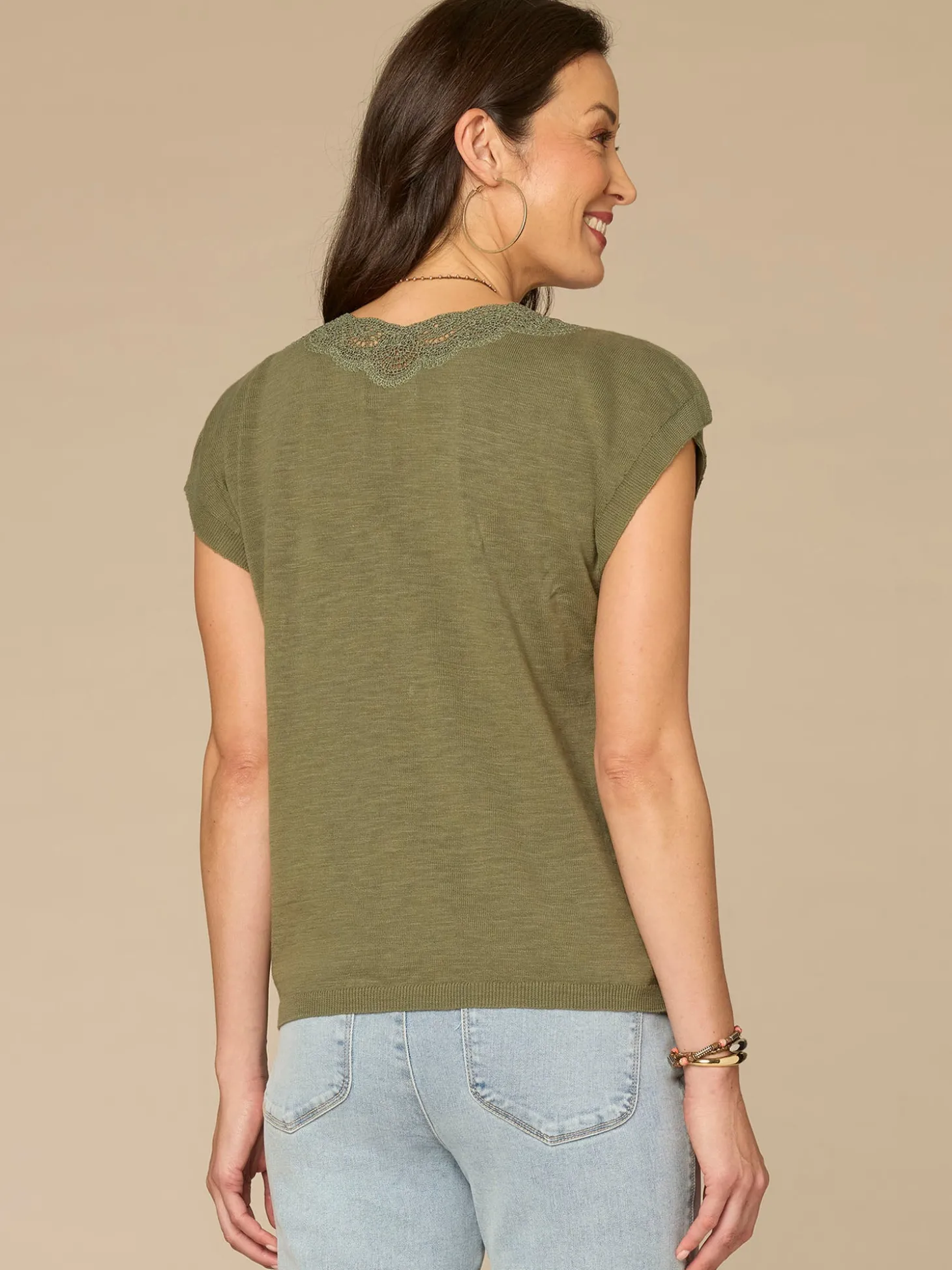 Short Split Sleeve Embroidered Lace V-Neck Sweater Top