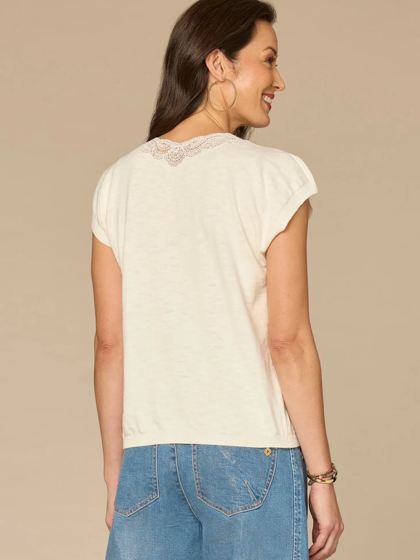 Short Split Sleeve Embroidered Lace V-Neck Sweater Top