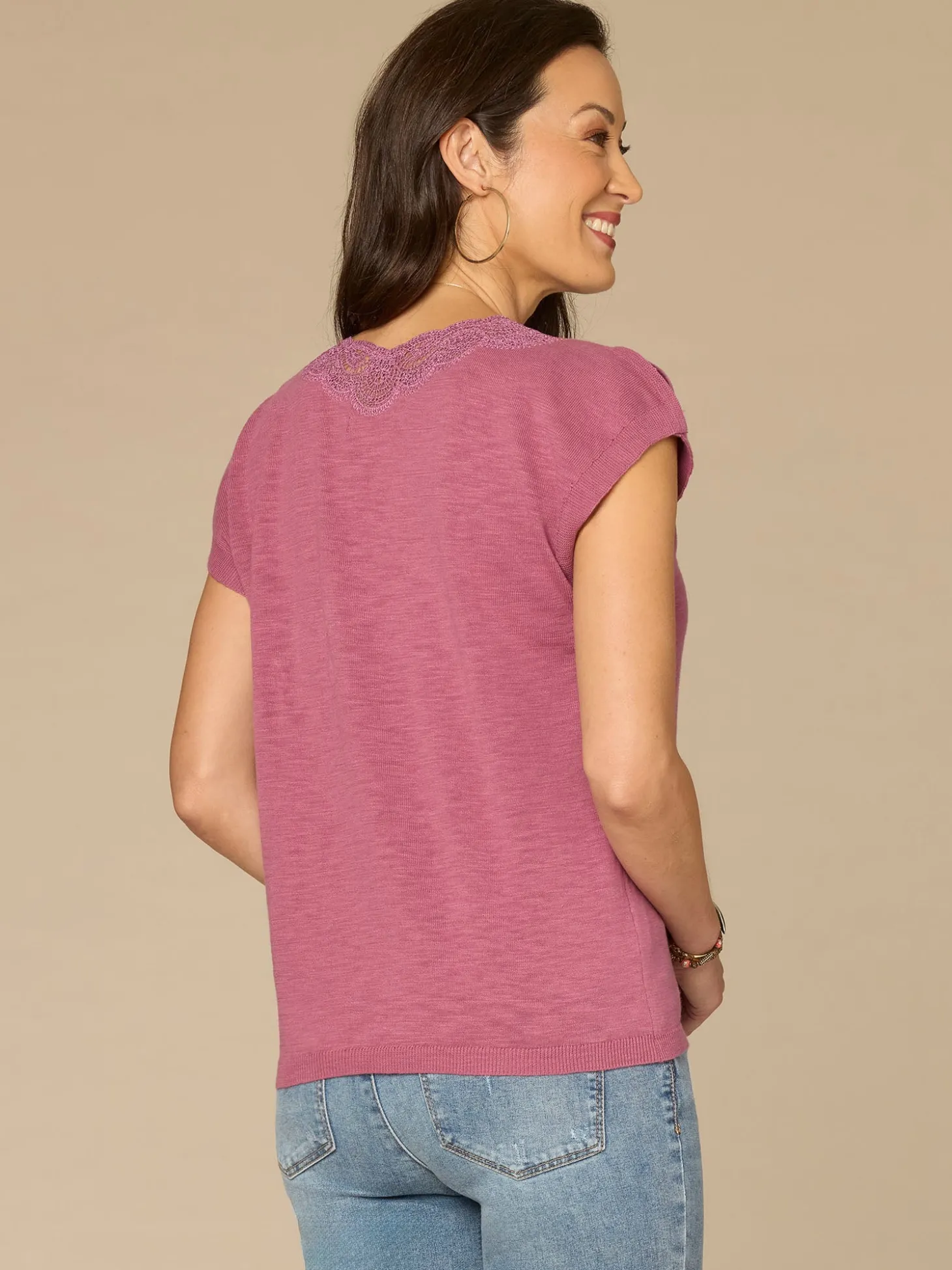 Short Split Sleeve Embroidered Lace V-Neck Sweater Top