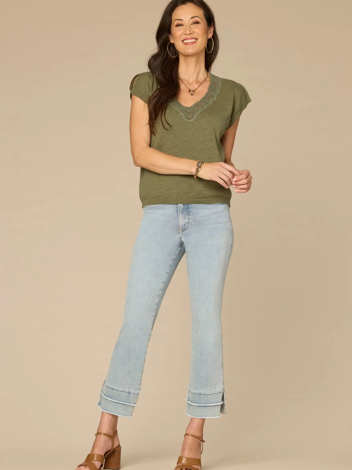Short Split Sleeve Embroidered Lace V-Neck Sweater Top