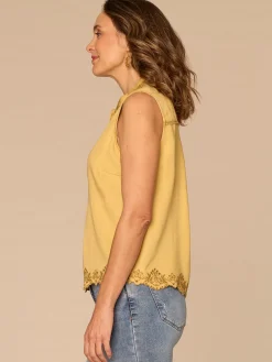 Sleeveless Collared Scallop Embroidered Half Placket Petite Woven Top