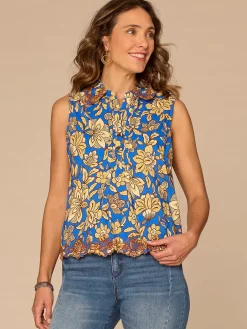 Sleeveless Collar Neck Half Placket Printed Petite Woven Top