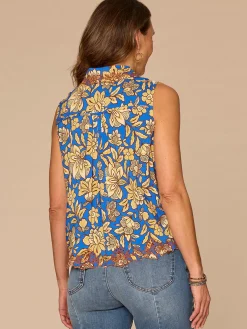 Sleeveless Collar Neck Half Placket Printed Woven Top with Embroidery