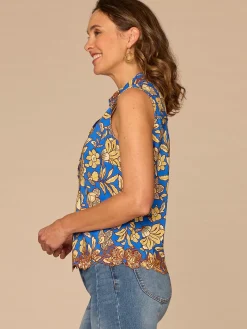 Sleeveless Collar Neck Half Placket Printed Woven Top with Embroidery