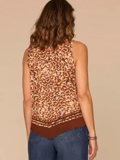 Sleeveless Deep V-Neck Hanky Hem Placement Border Print Knit Tank Top