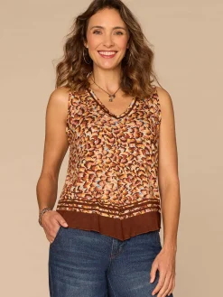 Sleeveless Deep V-Neck Hanky Hem Placement Border Print Knit Tank Top