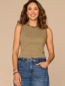 Sleeveless Embroidered Crew Neck Keyhole Back Striped Knit Tank Top