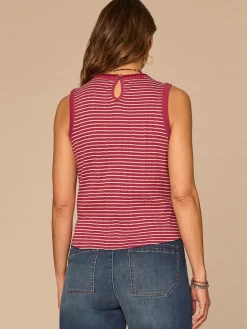 Sleeveless Embroidered Crew Neck Keyhole Back Striped Knit Tank Top