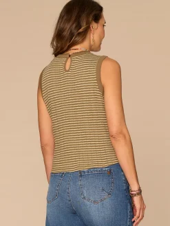 Sleeveless Embroidered Crew Neck Keyhole Back Striped Knit Tank Top