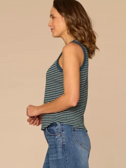 Sleeveless Embroidered Crew Neck Keyhole Back Striped Knit Tank Top