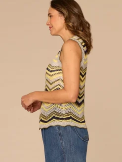 Sleeveless Round Neck Metallic Chevron Stripe Petite Sweater Top