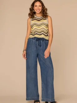 Sleeveless Round Neck Metallic Chevron Stripe Open Work Sweater Top