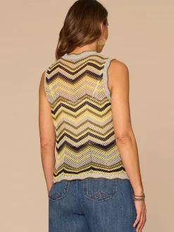 Sleeveless Round Neck Metallic Chevron Stripe Open Work Sweater Top