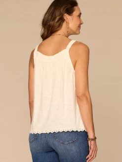 Sleeveless Ruched Square Neck Embroidered Woven Tank Top