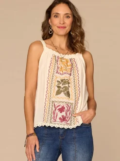 Sleeveless Ruched Square Neck Embroidered Woven Tank Top