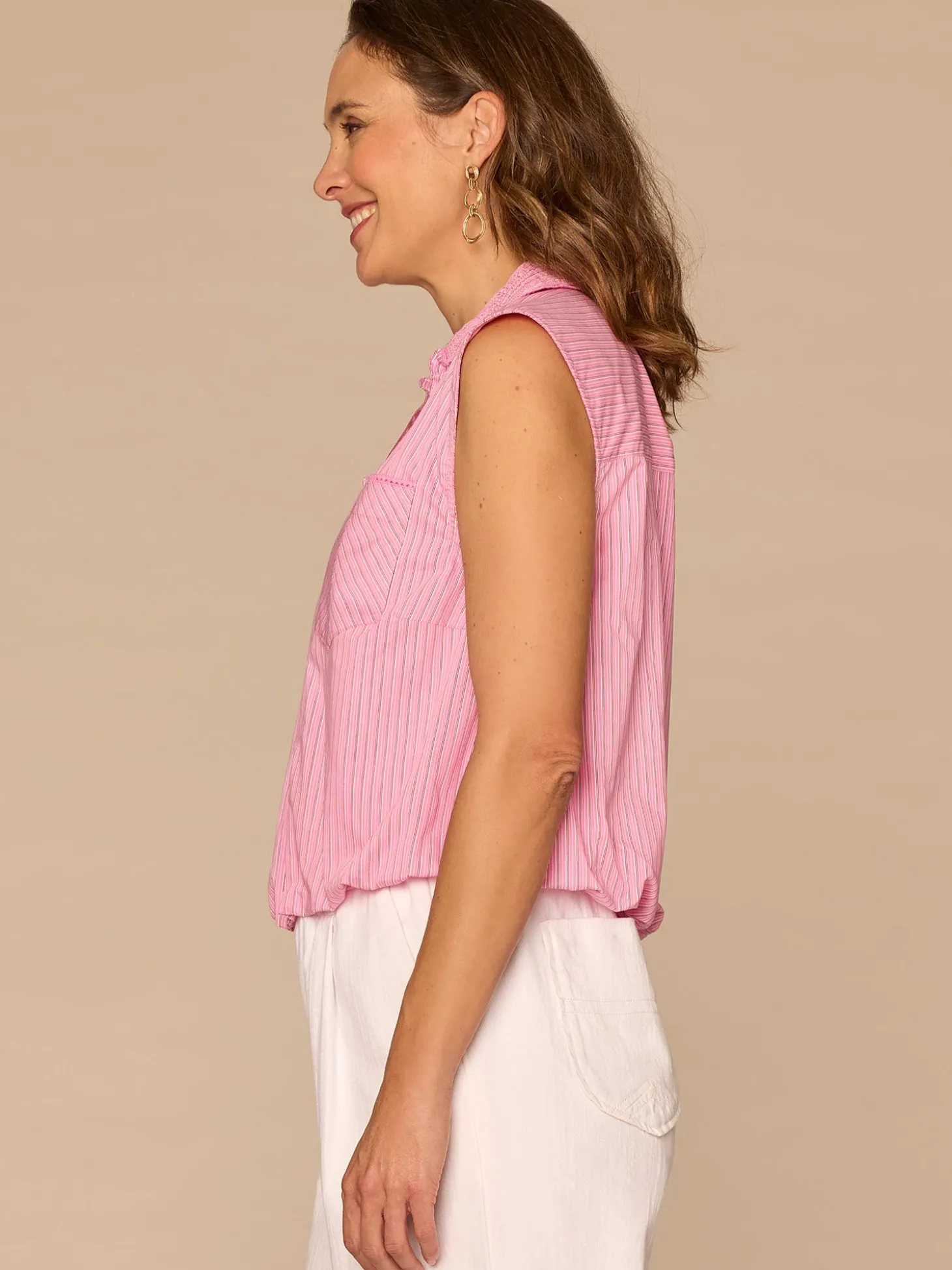 Sleeveless Smocked Collar Button Down Placket Striped Woven Shirt