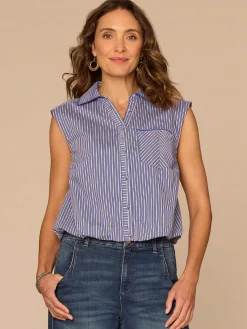 Sleeveless Smocked Collar Button Down Placket Striped Woven Shirt