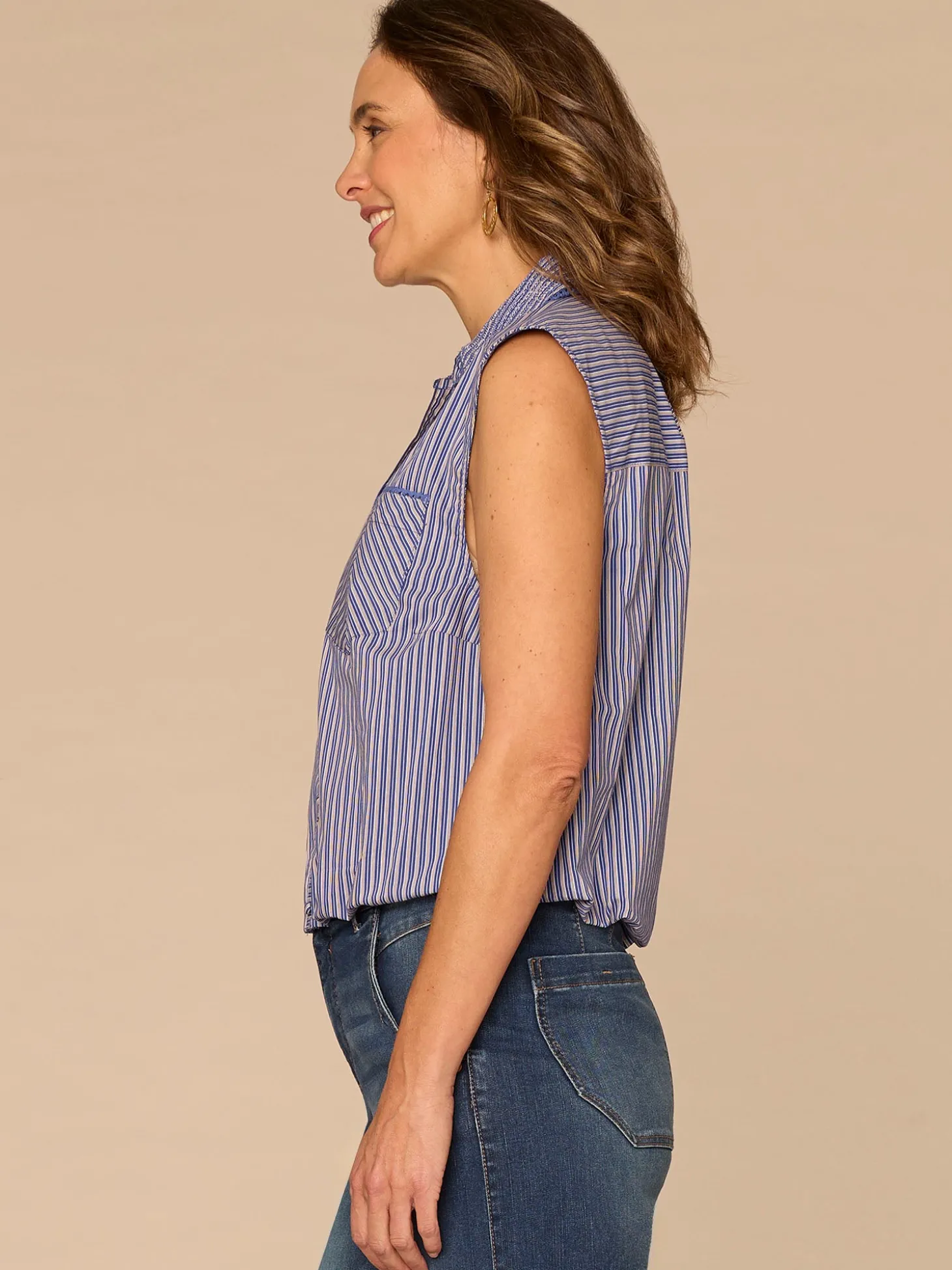 Sleeveless Smocked Collar Button Down Placket Striped Woven Shirt