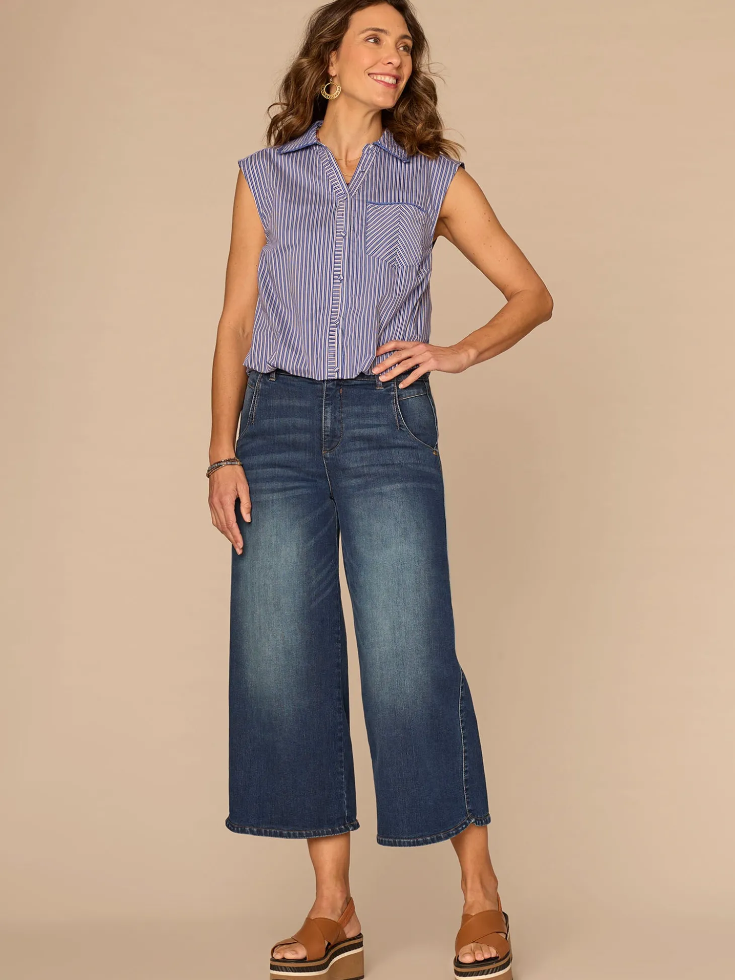 Sleeveless Smocked Collar Button Down Placket Striped Woven Shirt