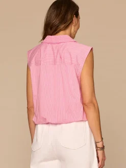 Sleeveless Smocked Collar Button Down Striped Petite Woven Shirt