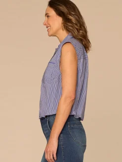 Sleeveless Smocked Collar Button Down Striped Petite Woven Shirt