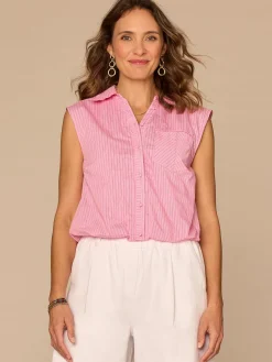 Sleeveless Smocked Collar Button Down Striped Petite Woven Shirt