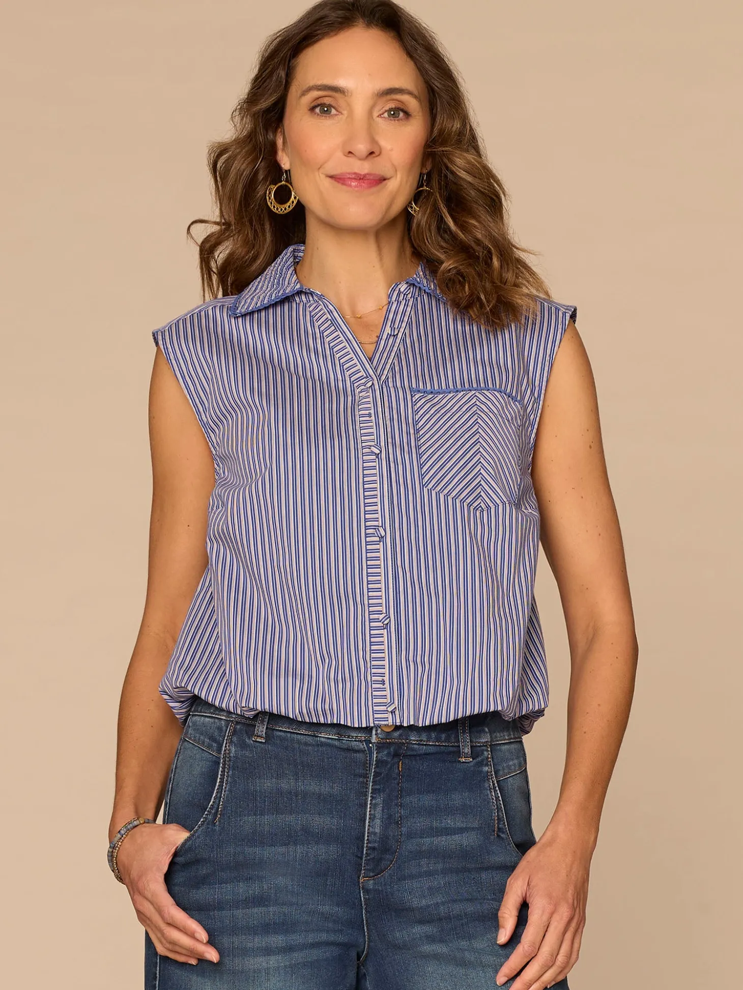Sleeveless Smocked Collar Button Down Striped Petite Woven Shirt