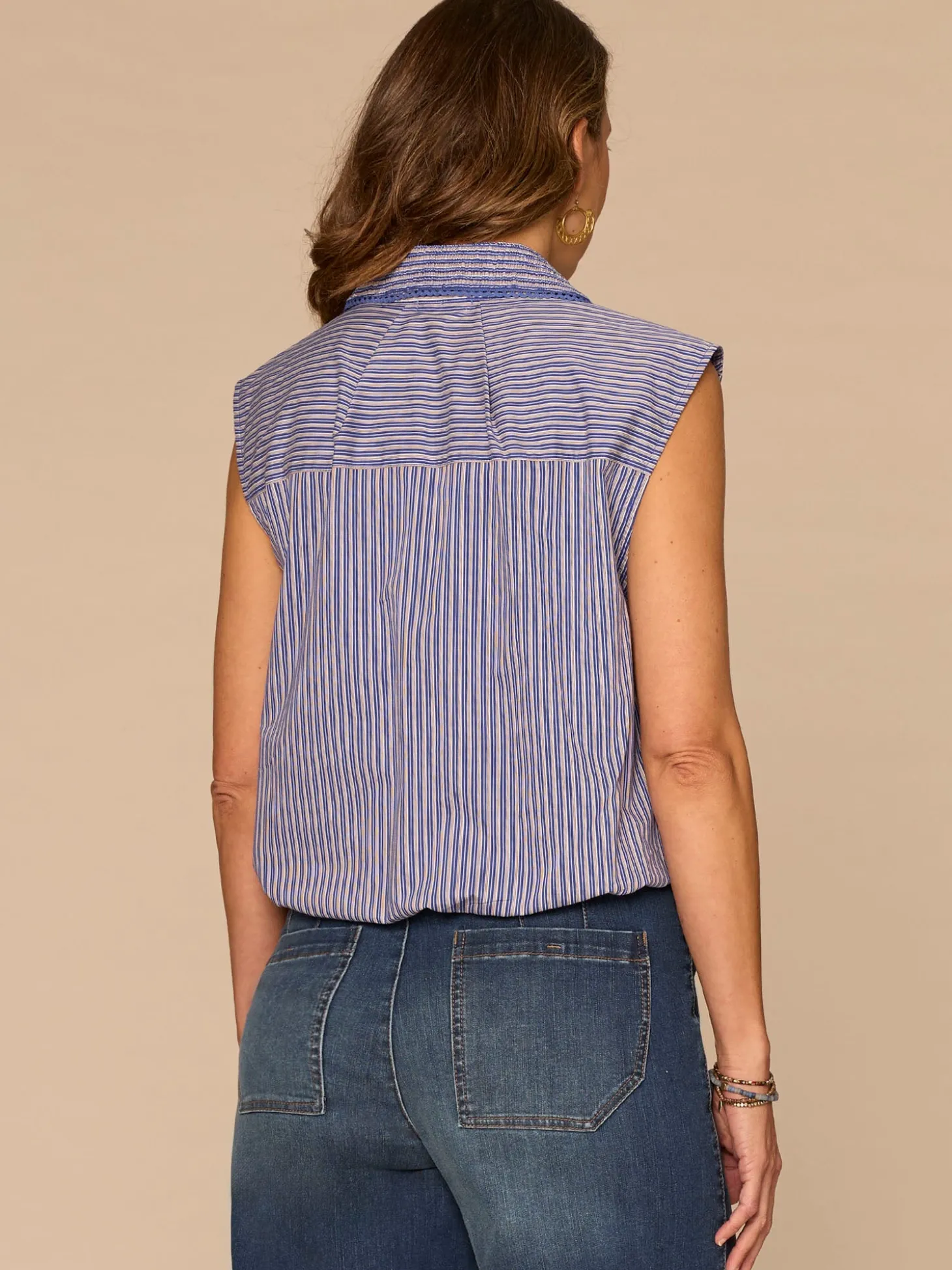 Sleeveless Smocked Collar Button Down Striped Petite Woven Shirt