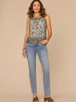 Sleeveless Smocked Scoop Neck Slit Hem Border Print Petite Knit Top
