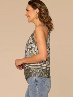 Sleeveless Smocked Scoop Neck Slit Hem Border Print Petite Knit Top