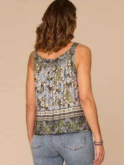 Sleeveless Smocked Scoop Neck Slit Hem Border Print Petite Knit Top