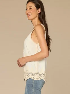 Sleeveless V-Neck Embroidered Scallop Edge Hem Woven Tank Top