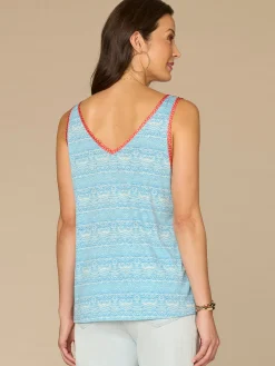 Sleeveless V-Neck Hi-Low Hem Mixed Media Knit Top with Placement Print