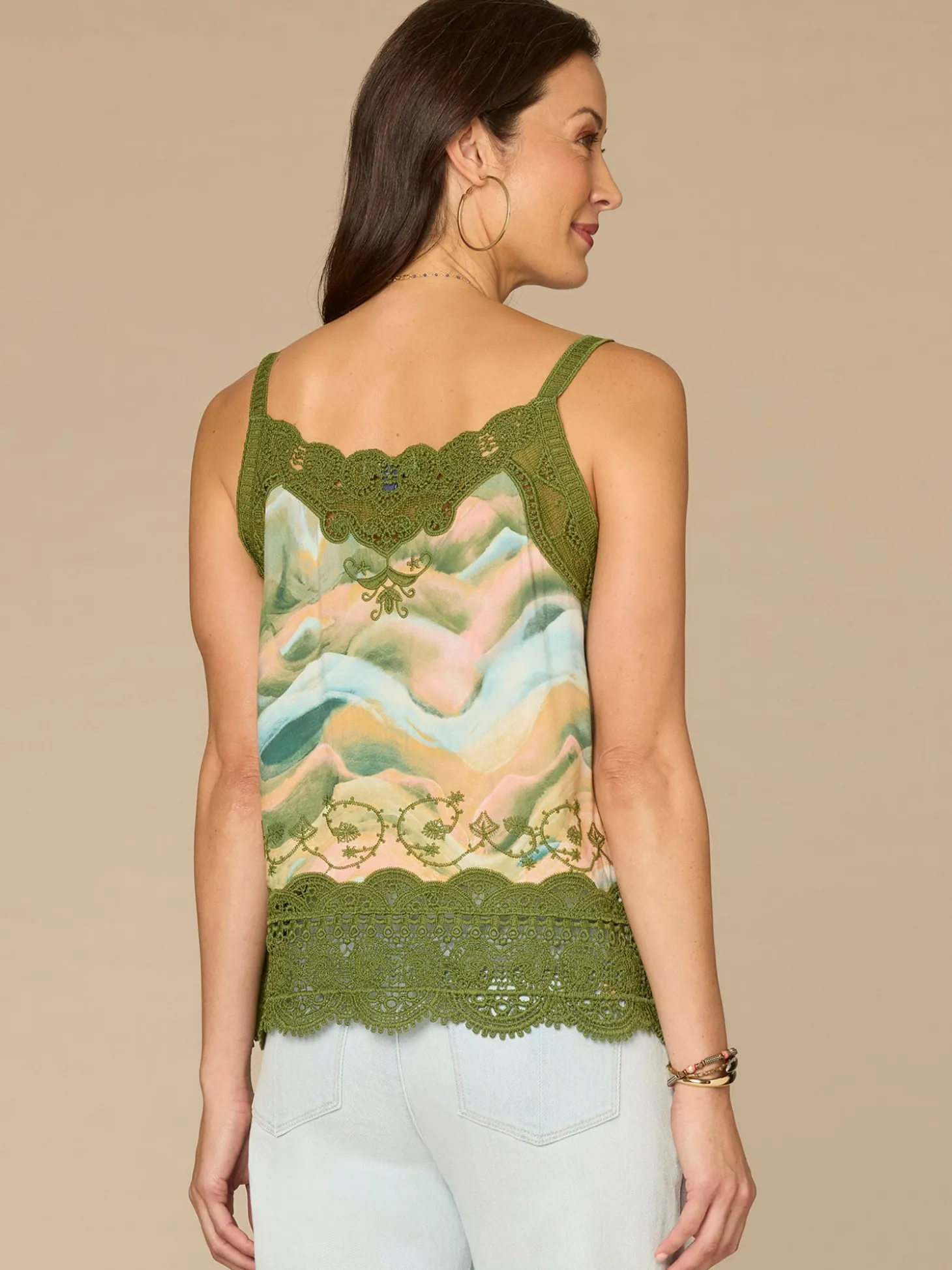 Sleeveless V-Neck Scallop Edge Printed Embroidered Woven Tank Top