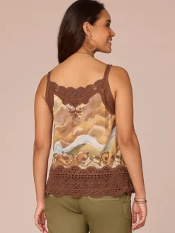 Sleeveless V-Neck Scallop Edge Printed Embroidered Woven Tank Top