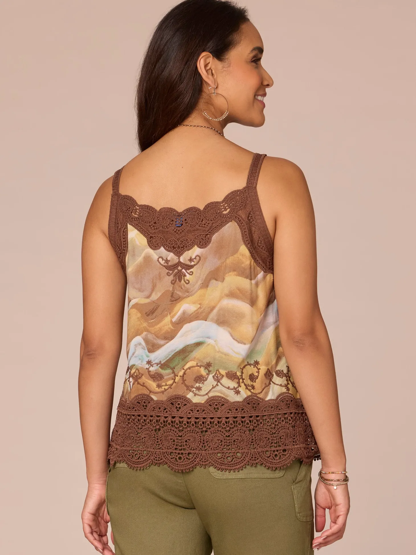 Sleeveless V-Neck Scallop Edge Printed Embroidered Woven Tank Top
