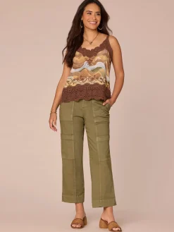 Sleeveless V-Neck Scallop Edge Printed Embroidered Woven Tank Top