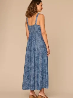 Sleeveless V-Neck Smocked Back Abstract Floral Print Woven Dress