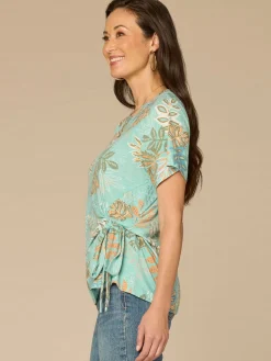 Slight Bell Sleeve Scoop Neck Side Tie Hem Printed Petite Knit Top