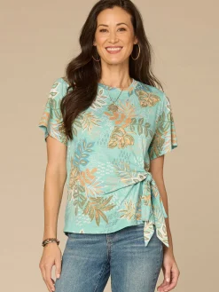 Slight Bell Sleeve Scoop Neck Side Tie Hem Printed Petite Knit Top