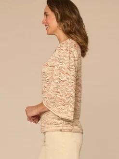 Three Quarter Bell Sleeve Round Neck Space Dye Pointelle Sweater Top