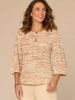 Three Quarter Bell Sleeve Round Neck Space Dye Pointelle Sweater Top