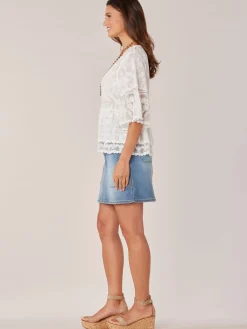 Three Quarter Bell Sleeve Scoop Neck Double Flounce Hem Woven Top