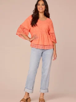 Three Quarter Bell Sleeve Scoop Neck Double Flounce Hem Woven Top