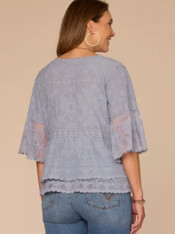 Three Quarter Bell Sleeve Scoop Neck Double Flounce Hem Woven Top