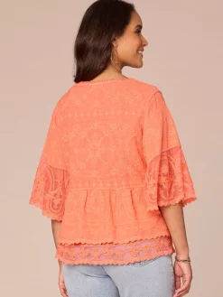 Three Quarter Bell Sleeve Scoop Neck Double Flounce Hem Woven Top