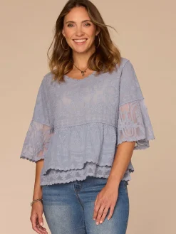 Three Quarter Bell Sleeve Scoop Neck Double Flounce Hem Woven Top