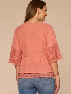 Three Quarter Bell Sleeve Scoop Neck Double Flounce Hem Woven Top