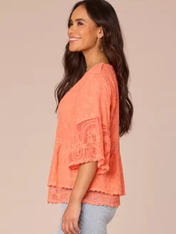 Three Quarter Bell Sleeve Scoop Neck Double Flounce Hem Woven Top