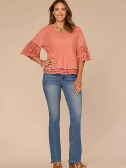 Three Quarter Bell Sleeve Scoop Neck Double Flounce Hem Woven Top